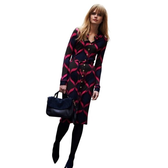 Boden stretch jersey knit Geometric print Button up Long Sleeve Shirt Dress belt - Picture 3 of 10